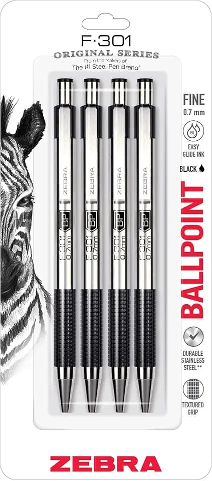 Zebra Pen STEEL F-301 Retractable Ballpoint Pen, Black Ink, 0.7mm, 4-Pack
