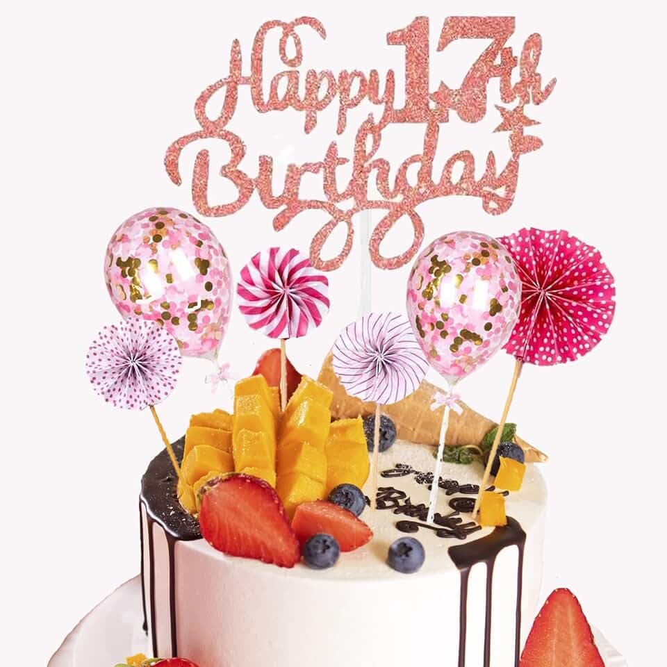17.Geburtstag Tortendeko Rosa fur Mädchen,17th Happy Birthday Glitzer Tortendeko,Konfettiballons Cake Topper und Papierfächer Kuchen Deko für Geburtstag(7Stück)