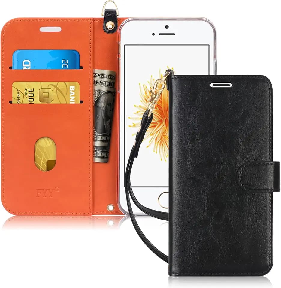 FYY Designed for iPhone SE Case 2016 (1st Generation) / iPhone 5 Case/iPhone 5s Case, Luxury PU Leather Wallet Phone with Card Holder Protective Shockproof Kickstand Case Cover Black