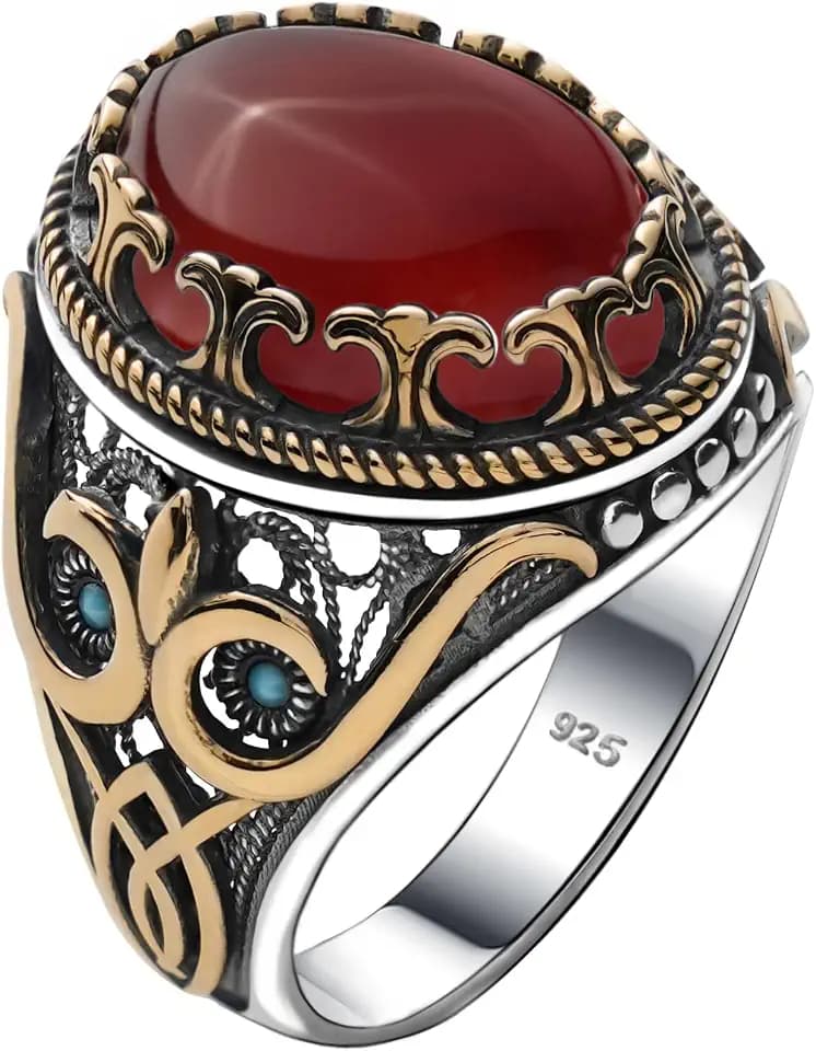 Genuine Solid 925 Sterling Silver Accented with Bronze, Natural or Simulated Gemstone, Authentic Vintage Turkish Ottoman Style Ring for Men