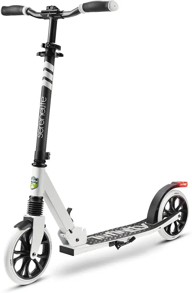 SereneLife Foldable Kick Scooter - Stand Kick Scooter for Teens & Adults with Rubber Grip at Tip, Alloy Deck, Adjustable T-Bar Handlebar Height, Smooth Gliding Wheels, Easy Maneuvering (Black & White)