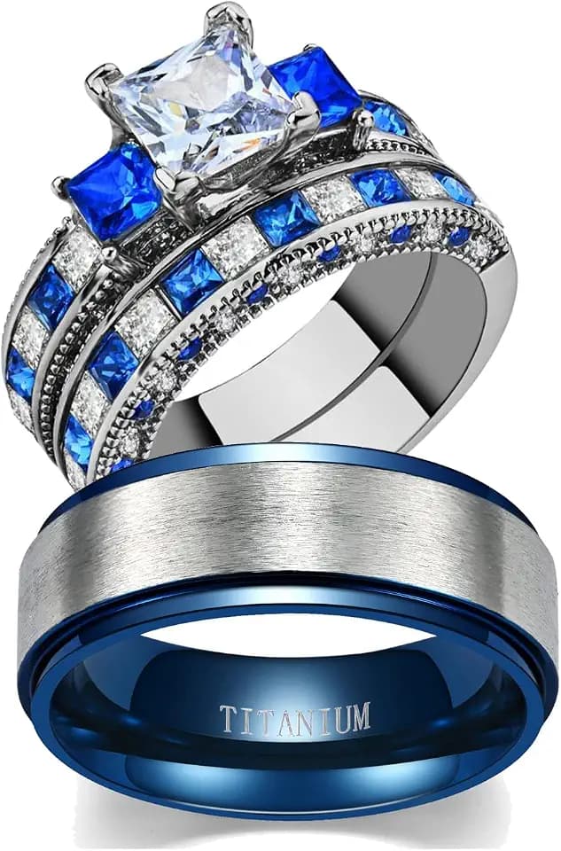 TWO RINGS Wedding Ring Sets His And Hers Promise Ring Couples Bridal Sets Women 925 Sterling Silver square Cz Man Stainless Steel Brushed Finished Wedding Bands