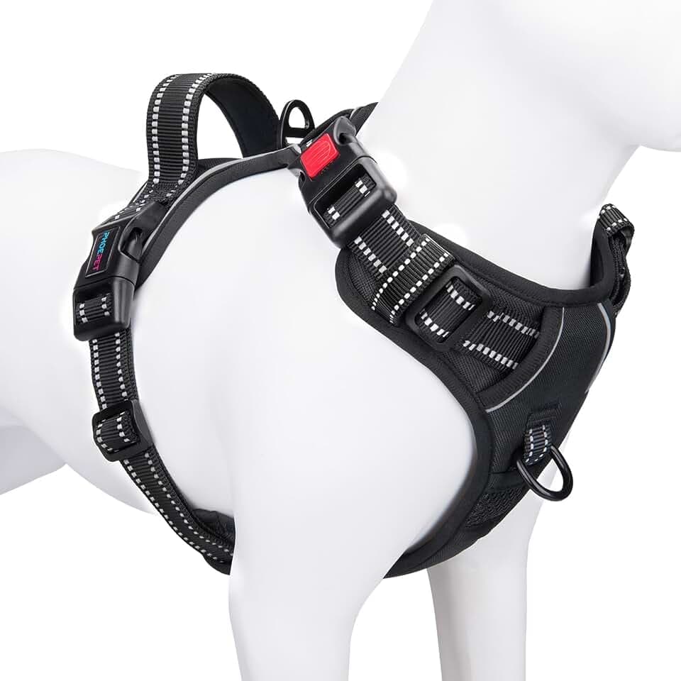 PHOEPET Hundegeschirre ohne Ziehen für kleine Hunde, reflektierende, verstellbare Front-Clip-Weste mit Griff, 2 Metallringe, 3 Schnallen [einfach an- und auszuziehen] (L, Schwarz)