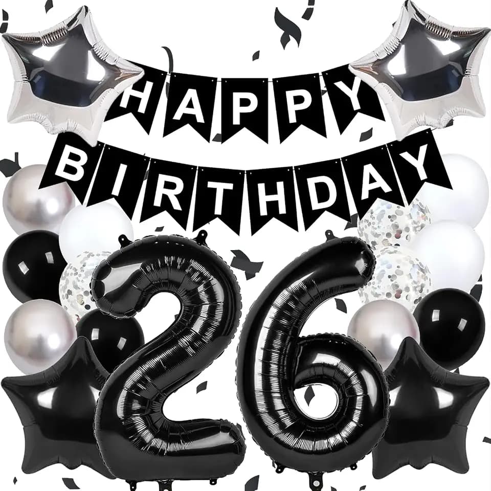 Happy 26th Birthday Decorations For Women Men, Black Happy Birthday Banner, Black 26 Balloon Numbers 40 Inch, 26th Birthday Balloons For Black And Silver Birthday Decorations