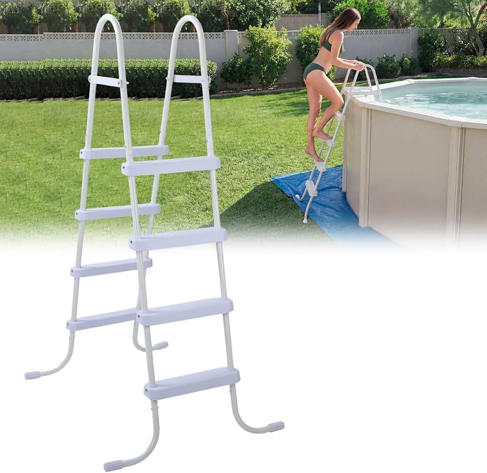 Threlaco 52 Inch Above Ground Pool Ladder 4 Step Steel Frame Swimming Pool Entry Exit Ladder Non Slip Metal Frame Steps, Weight Capacity 300lbs(White)