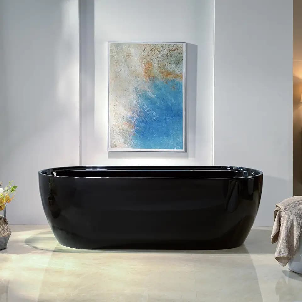 WOODBRIDGE 72" L x 35-3/8" W Freestanding Contemporary Acrylic Soaking Bathtub in Glossy Black Inside and Outside with Matte Black Drain & Overflow,B8859-MB