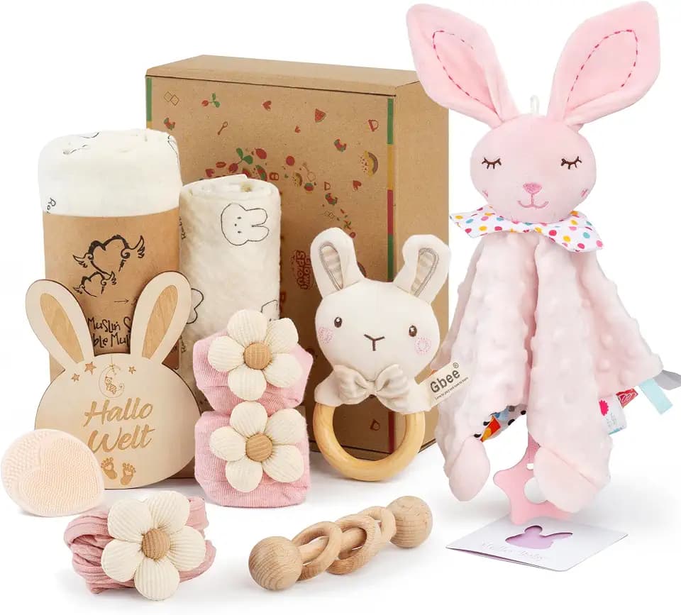 Neugeborenen Geschenk, Babyparty Geschenkbox mit Baby Schmusetuch & Rassel
