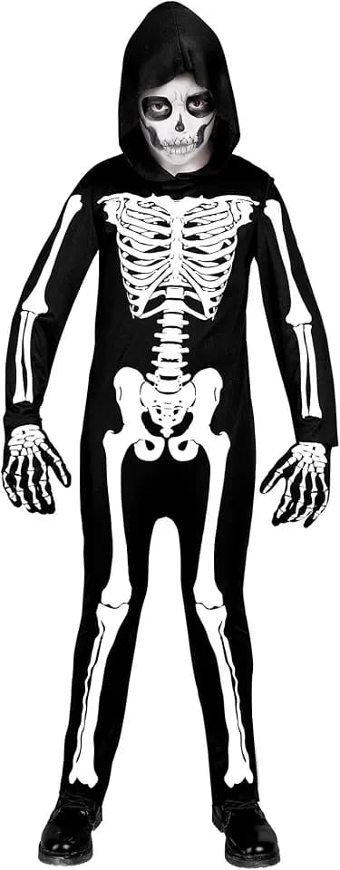 W WIDMANN MILANO Party Fashion - Kinderkostüm Skelett, Overall mit Kapuze, weiß, leuchtet unter UV-Licht, Halloween Verkleidung