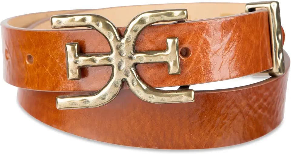 Sam Edelman Women's Double-e Plaque Logo Hammered Buckle and Loop Leather Belt for Jeans, Dresses and Trousers
