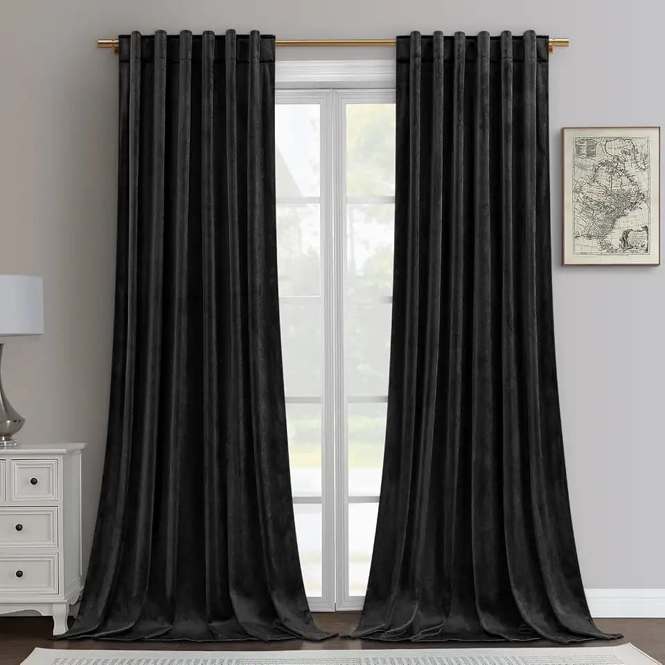 HOMEIDEAS Black Velvet Blackout Curtains, 52 X 96 Inches Soft and Thick Room Darkening Thermal Insulated Pocket Back Tab Window Drapes for Bedroom, Indoor, 2 Panels