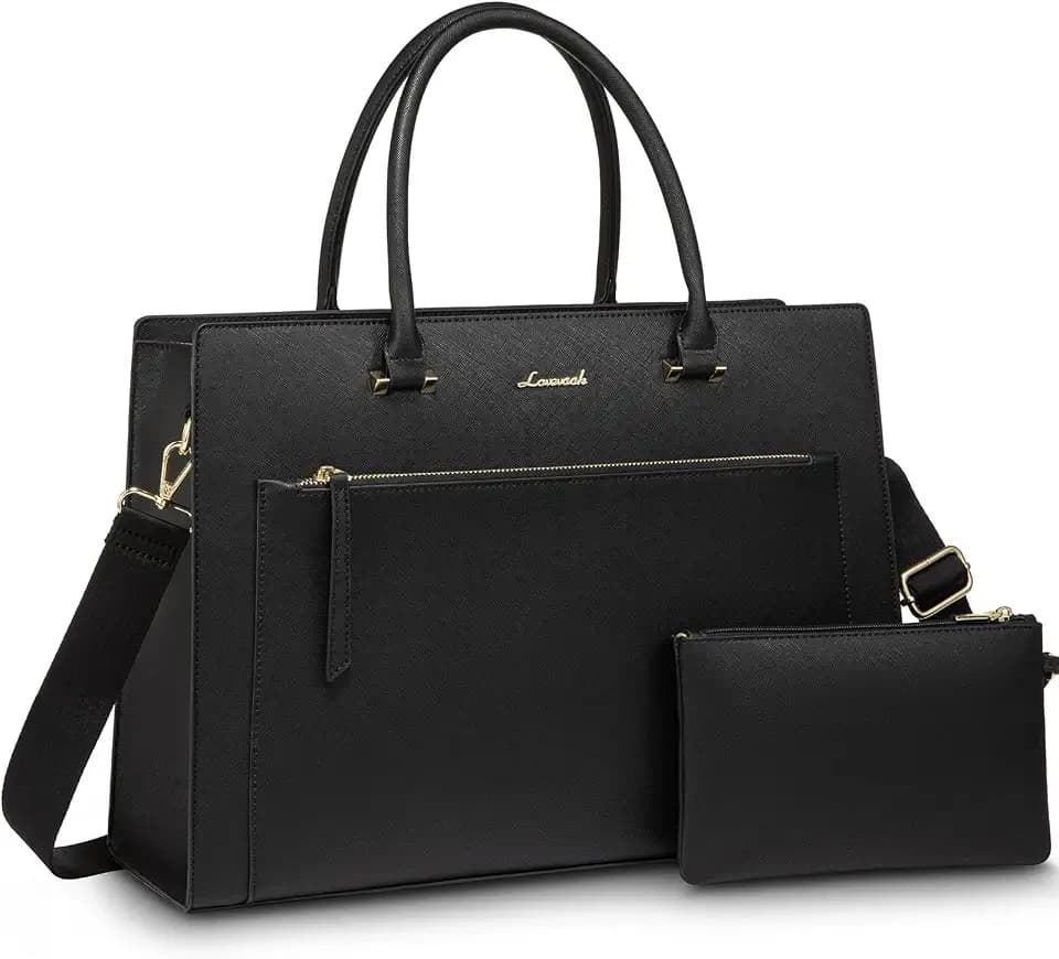 LOVEVOOK Laptop Bag for Women, 15.6 Inch Leather Tote Bag with Cup Holder & Detachable Clutch, Waterproof Professional Briefcase for Office, Business, Teacher, Commuting, Classic Black