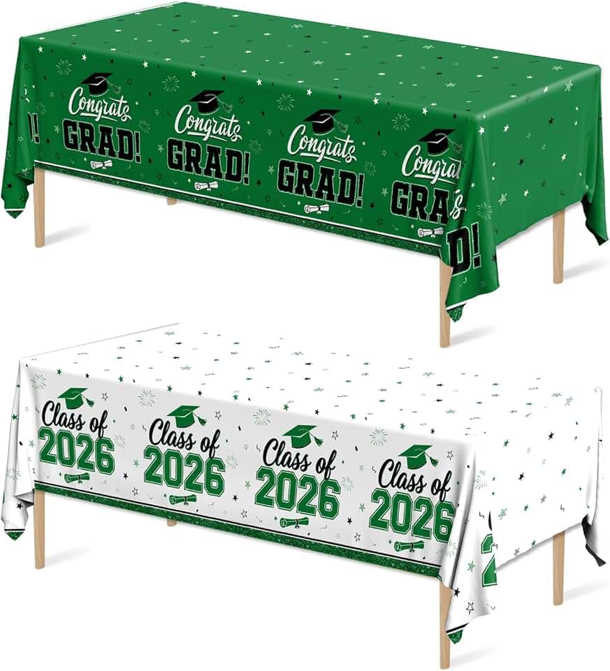 2026 Graduation Decorations Tablecloth,2pcs Green and White Class of 2026 Party Tablecloth Congrats Grad Disposable Plastic Table Cover for Graduation College Party Decor Supplies,54"x108"