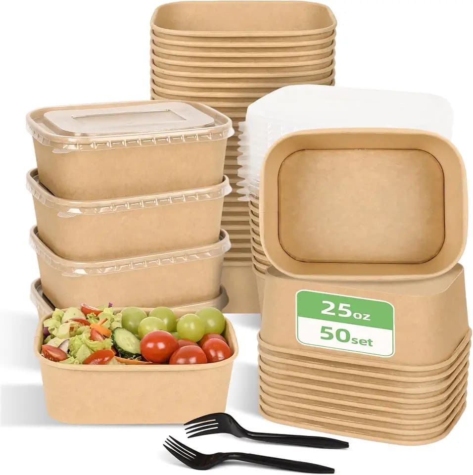 50 Pack Disposable Meal Prep Containers, 25oz Disposable Large Paper Bowls with Lids and Forks for Salad, Noodles, Freezer and Microwavable Storage Use Cardboard Food Containers