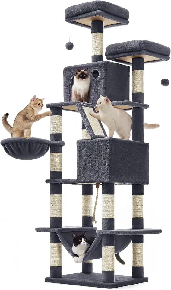 SONGMICS HOME Tall Cat Tree Tower with Sisal Scratching Posts, Multi-Level Condo and Plush Hammock for Indoor Pets, Smoky Grey