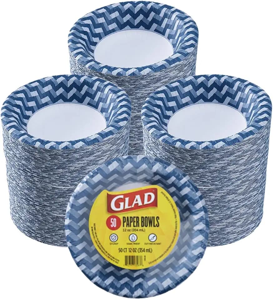 Glad Round Disposable Paper Bowls, Blue Weave, 16 Oz, 50 Count, 12-Pack