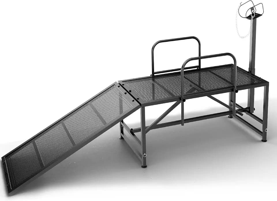 Goat Stand with Ramp for Sheep & Goats, Adjustable Height 20"-32", 47x23" Metal with Headpiece & Nose Loop for Hoof Trimming, Milking & Shearing