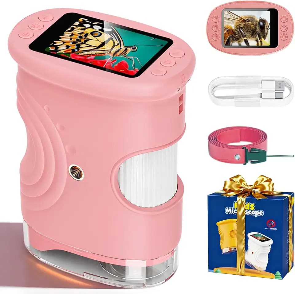 Mikroskop für Kinder, 1000x Digital Mikroskop, Taschenmikroskop Experimente für Kinder ab 6, Kindermikroskop mit 8 LED-Beleuchtung,2,0" IPS-Bildschirm, USB-Ladefunktion inkl Fotofunktion, Pink