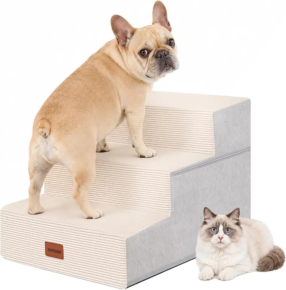 Dog Stairs for Small Dogs, 13.5" H, 3-Step Pet Steps for Bed Couch Sofa and Chair, Non-Slip Balanced Pet Ramp for Injured & Senior Pets with Washable Cover and Durable High Density Foam,Beige
