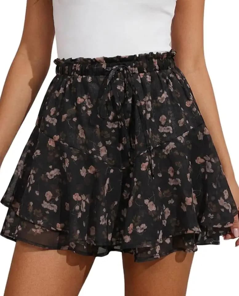 Women's Flowy Shorts Boho Floral Skort Ruffle Mini Skirt