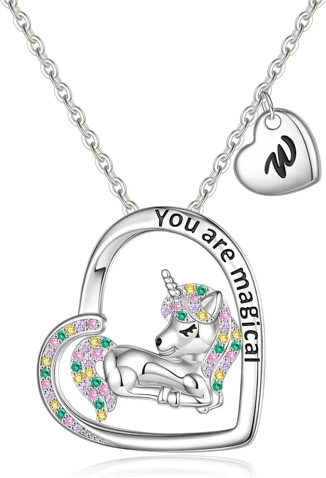 Unicorn Necklace for Girls, White Gold Plated Heart Pendant with Colorful CZ, Initial Unicorn Jewelry for Kids Teen Girls Birthday Gifts, Hypoallergenic, No Tarnish