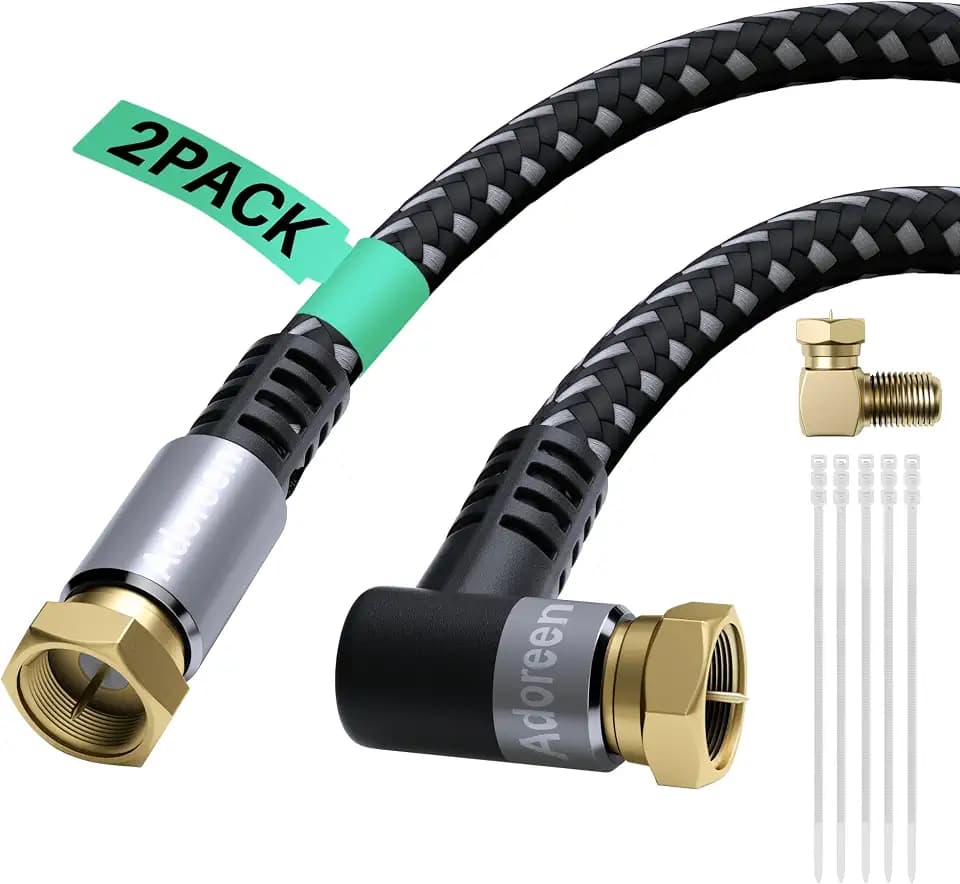 Adoreen Coaxial Cable 6 ft-2 Pack-Right Angle Quad Shielded 90 Degree RG6 Coax Cable Cord, Male F Gold-Plated Nylon-Braided, in-Wall, Digital TV Aerial AV with Angled Male to Female Adapter+15 Ties