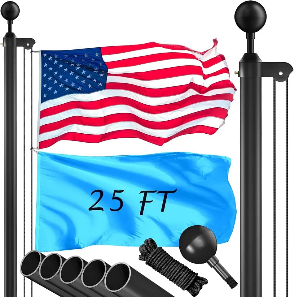 Flag Pole Kit 25FT, 90MPH Wind Resistance, 1.8mm Thickness Heavy Duty Flag Poles with 3x5 American Flag, Black Flag pole for Outdoor House In Ground, Extra Thick Flagpoles