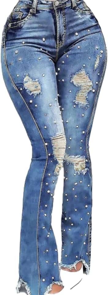 Women Pearl Jeans Distressed Stretchy Denim Pants High Waist Casual