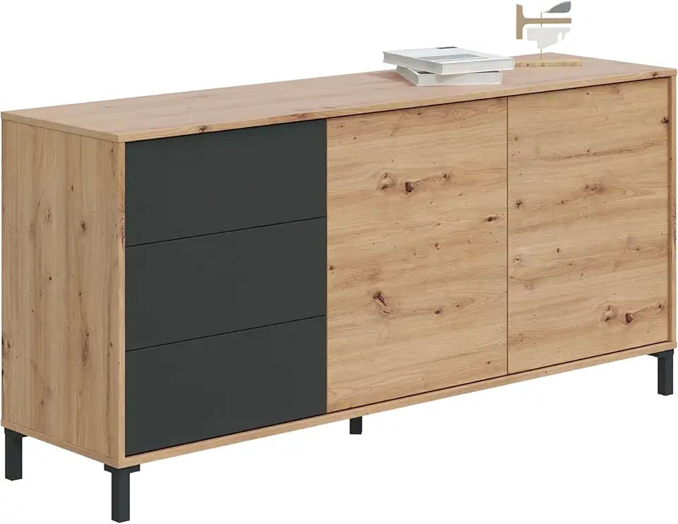 Habitdesign, modernes Sideboard mit 2 Türen und 3 Schubladen – Buffet & Beistellschrank für Wohnzimmer oder Esszimmer in Eiche Nodi & Anthrazit, Maße: 154 x 74 x 41 cm (B x H x T), Modell Brooklyn