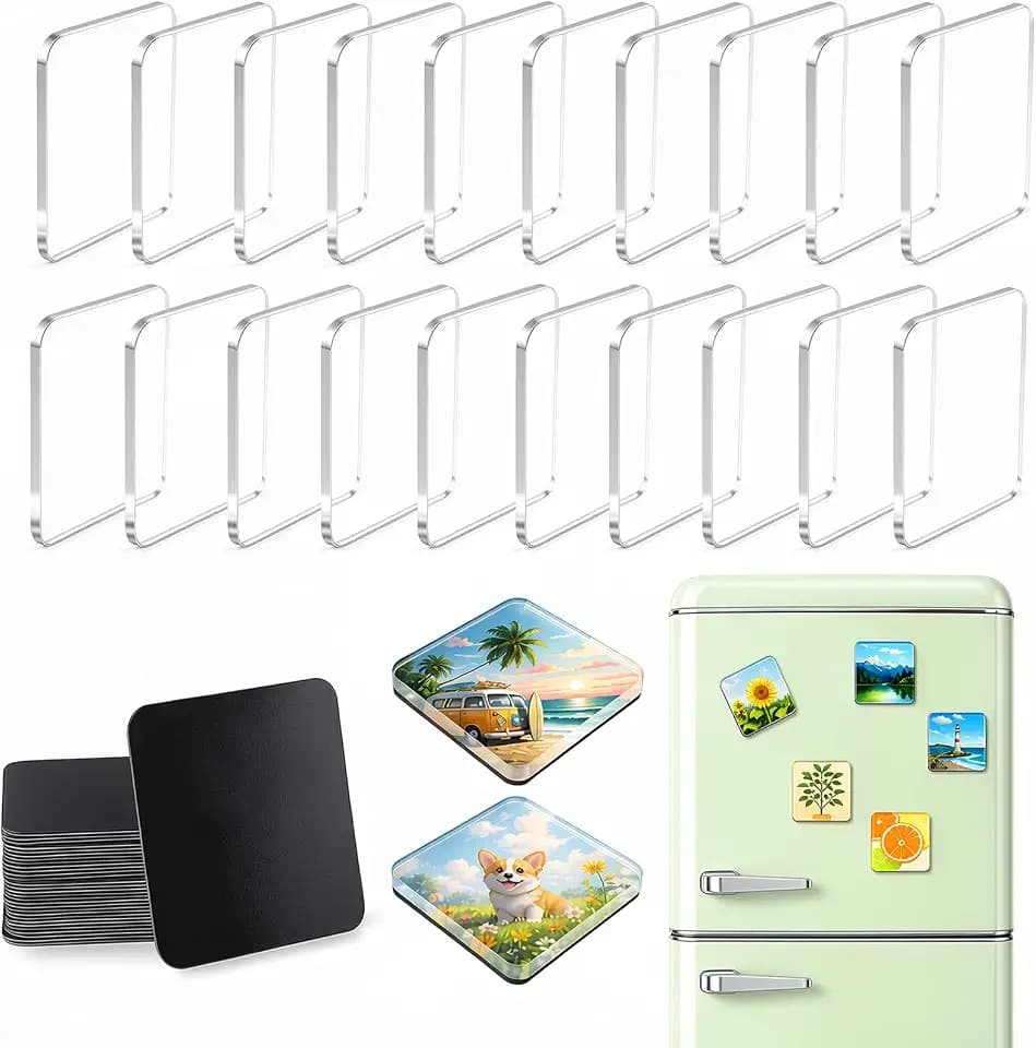 20 Pcs DIY Fridge Magnets Kit, 2"x2" Clear Acrylic Refrigerator Magnets Set with Adhesive Backing, Square Magnetic Photo Frames for Crafts, Kitchen, Classroom, Party, Office Decor