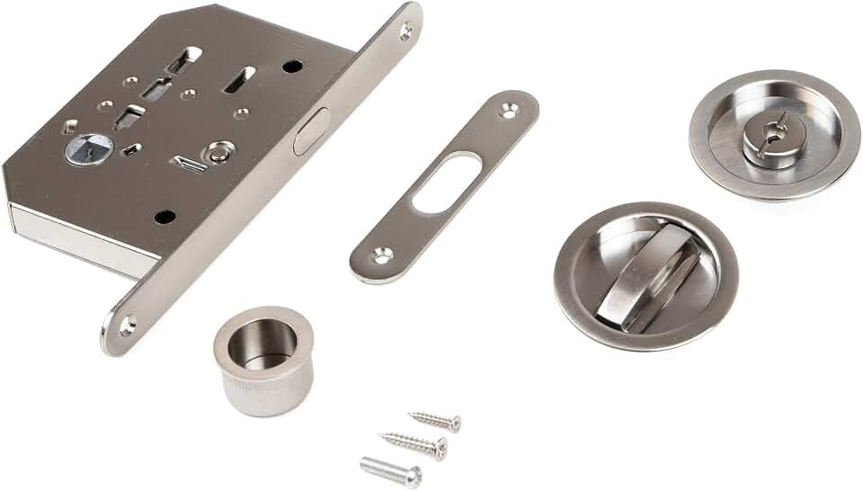 Emuca - Schlosssatz mit rundem Knebelgriff, Schloss für Schiebetür, Ø 57 mm, Stahl, Nickel satiniert