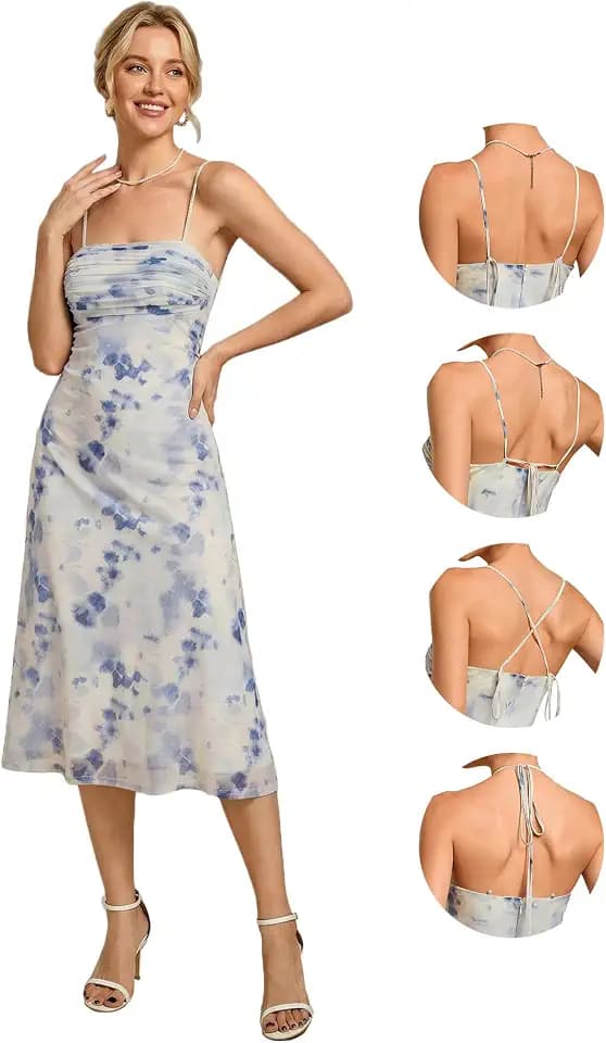 Ever-Pretty Spring Backless Wedding Guest Dresses for Women Convertible Spaghetti Straps Floral Midi Semi Formal Dress Blue Verdure on White US24