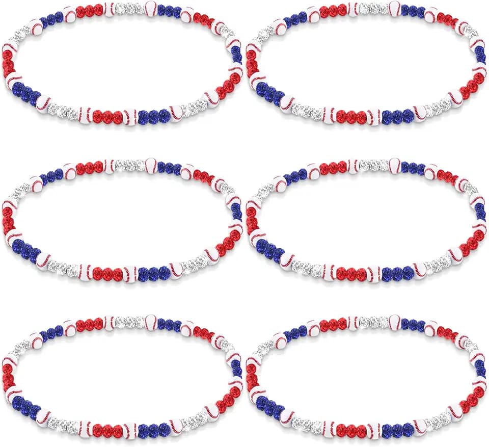 Liliaafar 6 Pcs Baseball Beaded Necklace for Teenager Bling Rhinestone Clay Beaded Necklace Gifts for Sports Team Fans