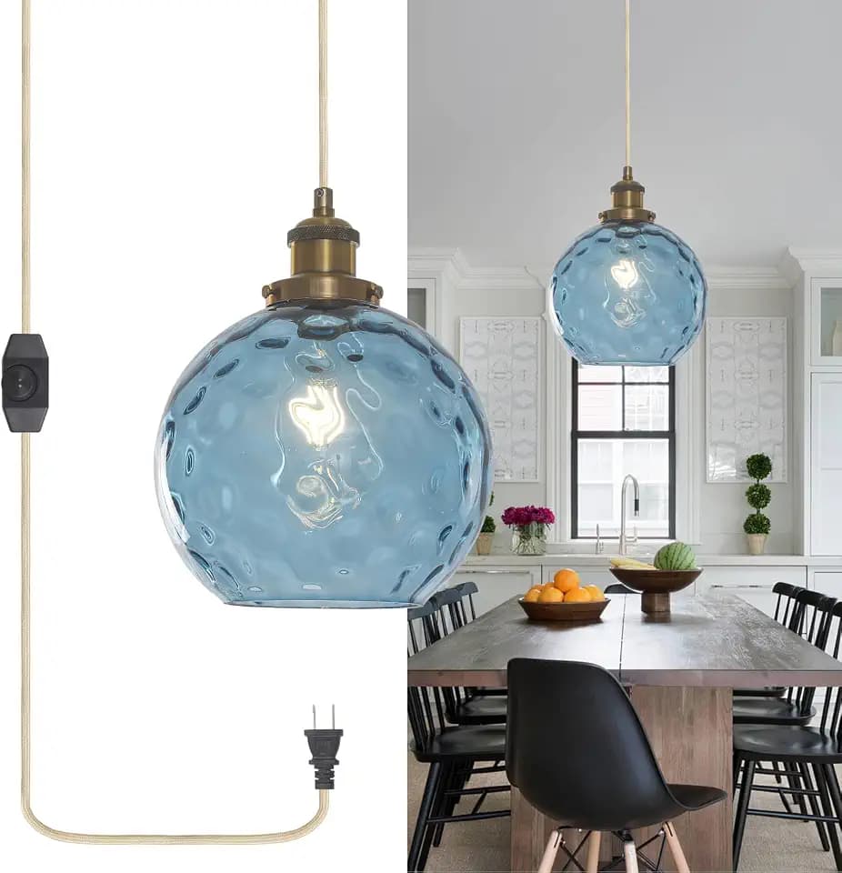 Plug in Pendant Light, Handblown Glass Pendant Light with Dimmable Switch Hanging Lights with Plug in Cord 15ft, Hanging Lamp Plug in for Dining Living Room Kitchen Island Bedroom