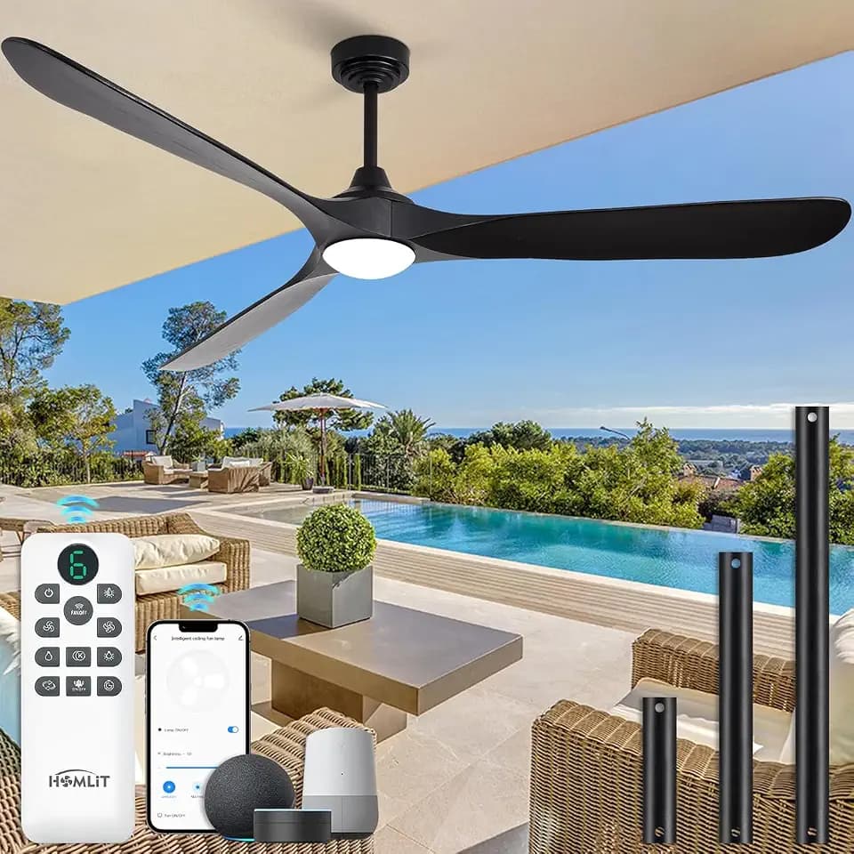 Ceiling Fan with Lights, 72'' Solid Wood Indoor/Outdoor Ceiling Fan with Quiet Reversible DC Motor, Control with WIFI Alexa App, 3CCT Dimmable, 6 Speeds Black Outdoor Fan for Patio Porch