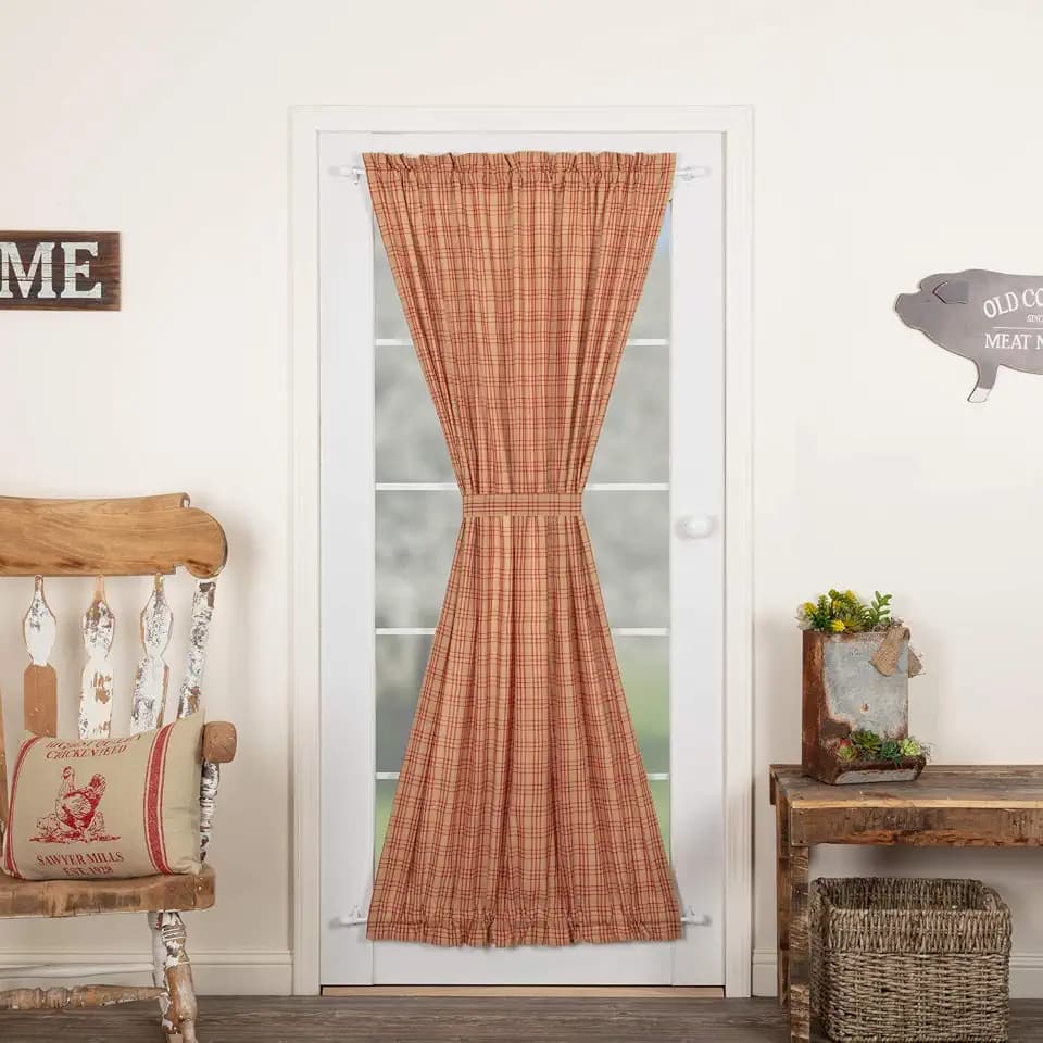 VHC Brands Sawyer Mill Plaid Cotton Farmhouse Curtains Rod Pocket Tie Back(s) 72 Inches Length Door Panel, Red