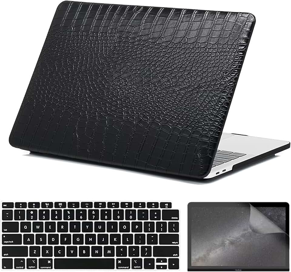 Compatible with MacBook Air 13 Inch Case with Touch ID 2021 2020 2019 2018, Model A2337 M1 A2179 A1932, Classic PU Leather Hard Shell Plastic Case with Keyboard Cover & Screen Protector, Black