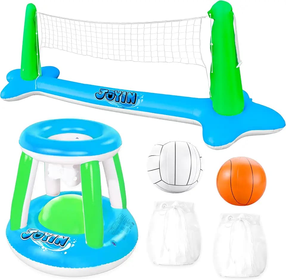 JOYIN Inflatable Volleyball Net & Basketball Hoops Pool Float Set; Balls Included for Kids and Adults, Summer Pool Game, Floaties, Volleyball Court (105”x28”x38”) Basketball (27.6”x23”),Green,Blue