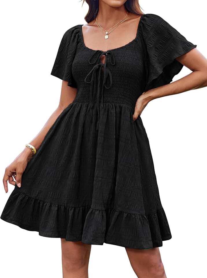 GRACE KARIN Damen Sommer Kurze Rüschenärmel Kleid Casual Rundhals Mini Freizeitkleid Party Strand Urlaub Kleid