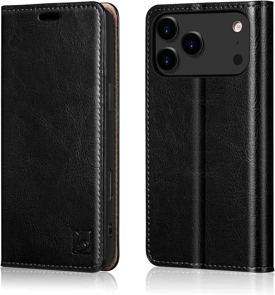 Belemay Leather Wallet Case Compatible with iPhone 17 Pro, Premium Cowhide Leather Two-Tone Effect, RFID Blocking Card Holders, Shockproof TPU Shell, Kickstand, Protective Flip Cover, 6.3", Black