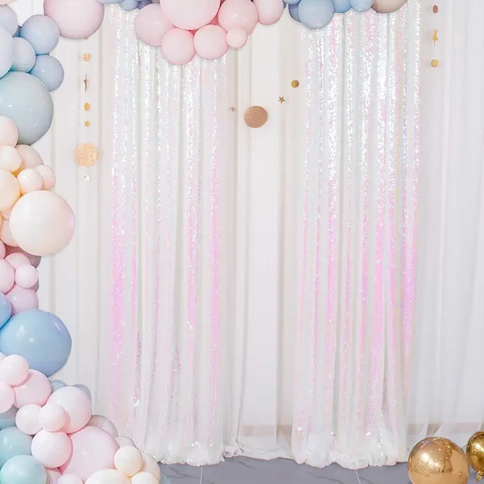 ShinyBeauty Sequin Backdrop 2FTx8FT Iridescent White 2 Pieces White Sequin Back Drop Glitter Background Sparkly Backdrop for Photograph Decorations