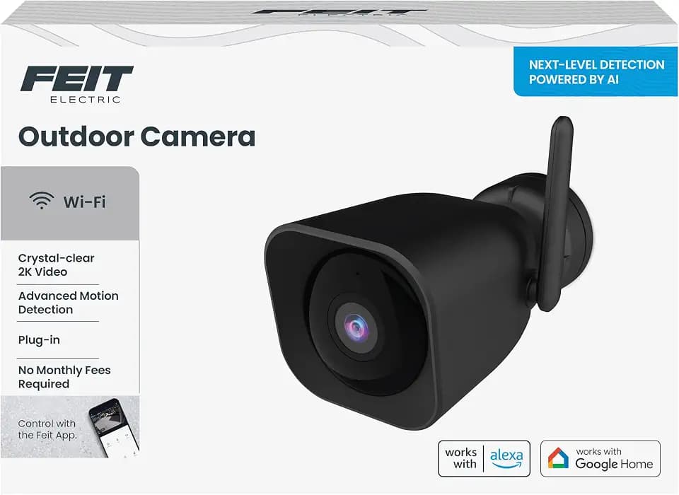 Feit Electric Plug-in Outdoor Security Camera, 2K HD, Advance Motion Detection, 2.4GHz Wi-Fi, 30ft. Night Vision, 2-Way Audio, Micro SD Card Storage, AI-Powered Smart Alerts, Always-On Wired Power
