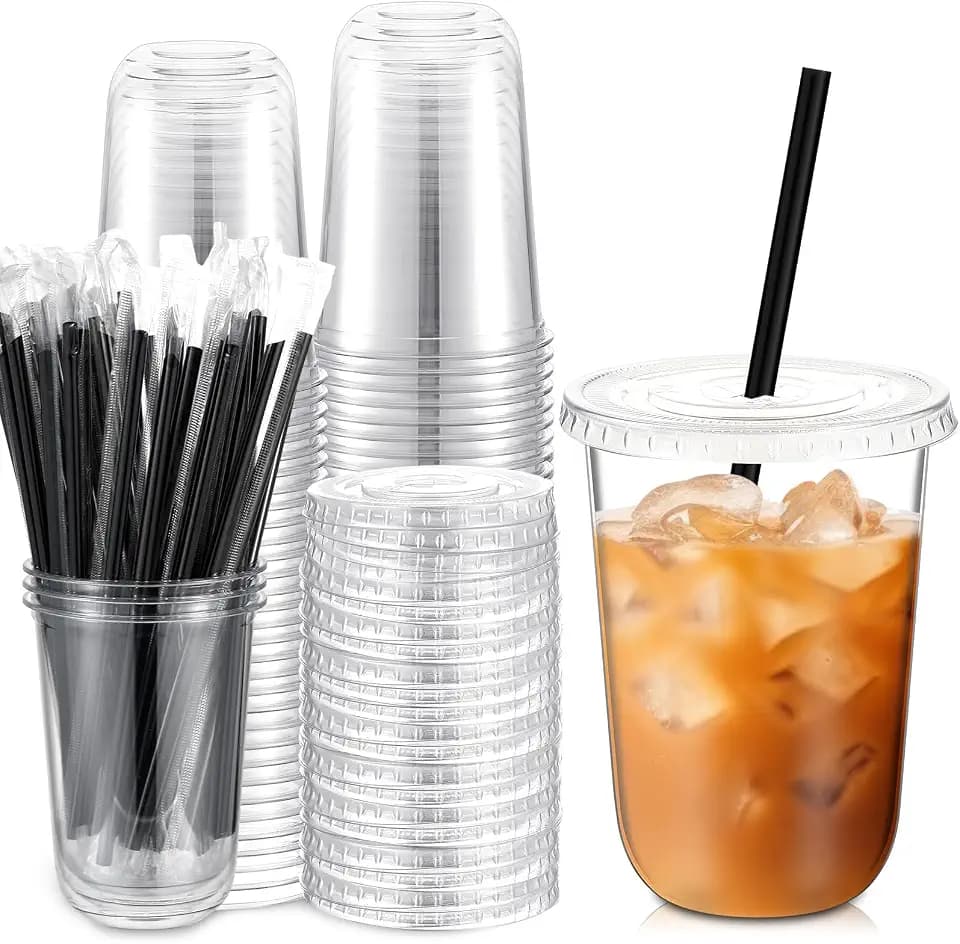 Ziliny 100 Pack 16 oz Plastic Cups with Lids Straws Iced Coffee, Black