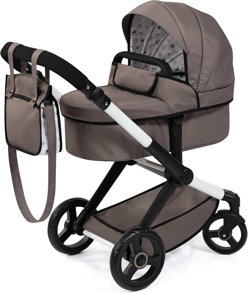 Bayer Design 17086AB Puppenwagen Xeo mit Tasche, höhenverstellbarer Griff, Schwenkschieber, wandelbar als Puppenjogger, bewegliche Vorderräder, integrierter Korb, Cappuccino