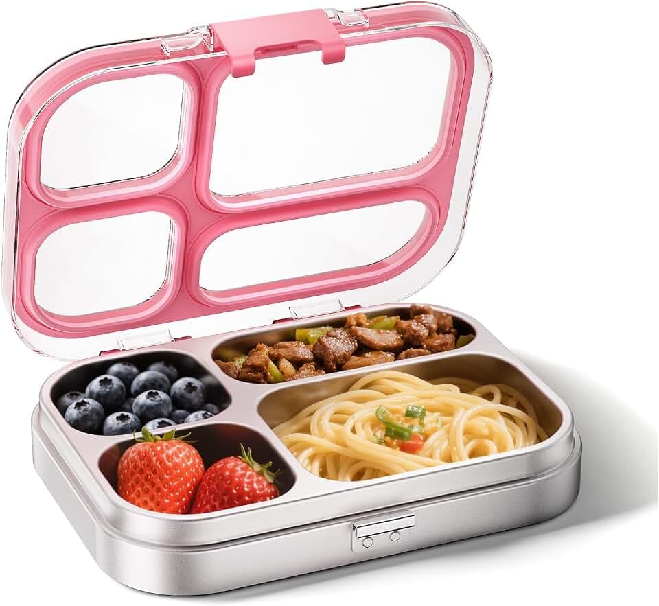 G.a HOMEFAVOR Edelstahl Brotdose Kinder 800ml Metall Bento Lunchbox mit 4 Fächern Auslaufsichere Brotbox Schule Sandwichbox Brotzeitdose Vesperdose Brotbüchse, Spülmaschinenfest Rosa