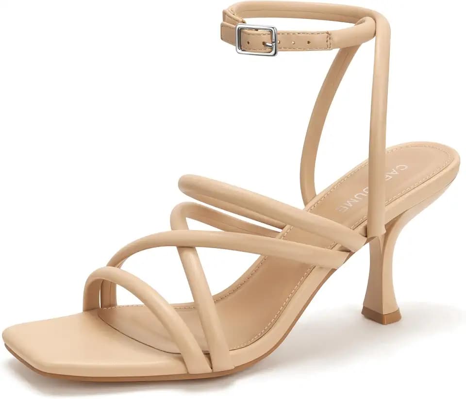Carcuume Women's Square Toe Strappy Lace Up Heeled Sandals Ankle Buckle Kitten Heel,GINAS-NUDE PU-8