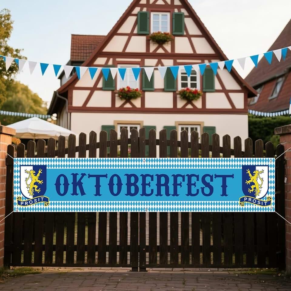 Oktoberfest Fence Banner 120" x 20" for German October Fest Themed Party Decorations, Bavarian Lion Design Flag Check Hanging Banners for Beer Party Supply