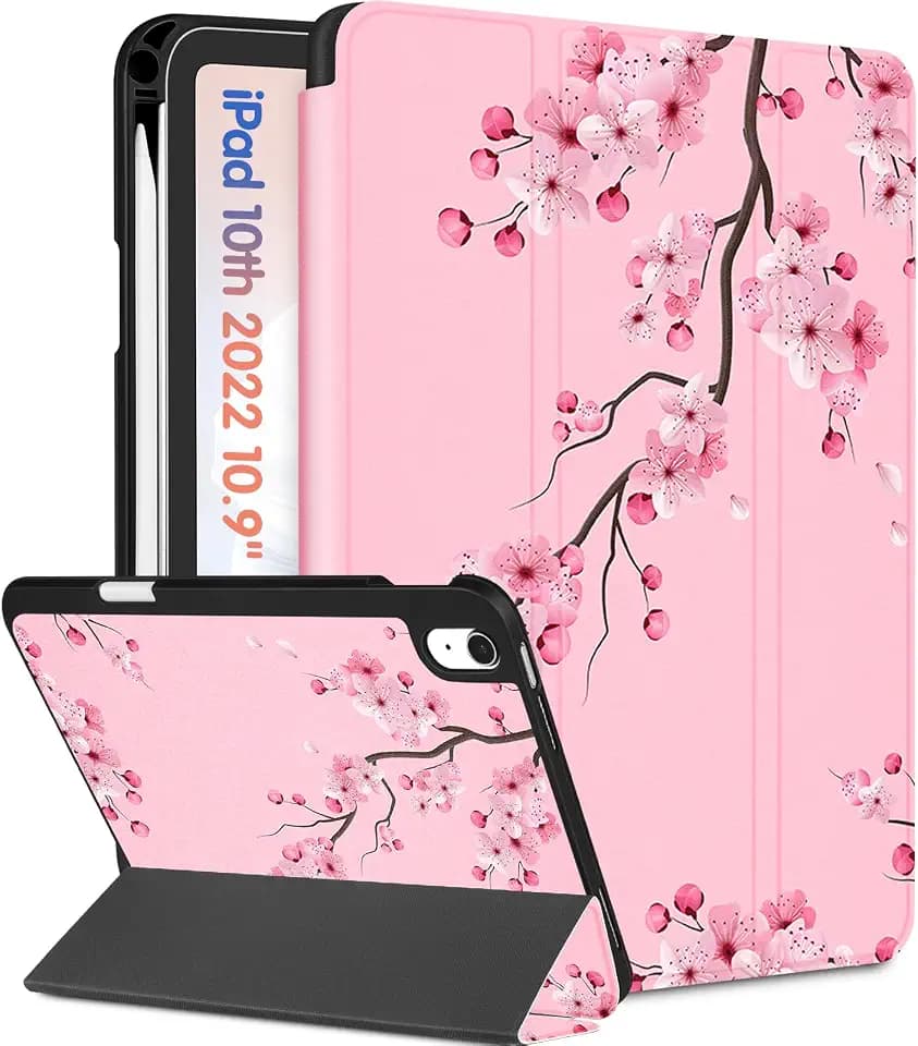 Wazzasoft for iPad A16 Case 2025 - for iPad 10th Generation Case Cute Women Girls Kids Girly Kawaii Blossom Flower Design Pencil Holder Auto Sleep/Wake Tablet Cover for Apple 11/10 10.9 Inch