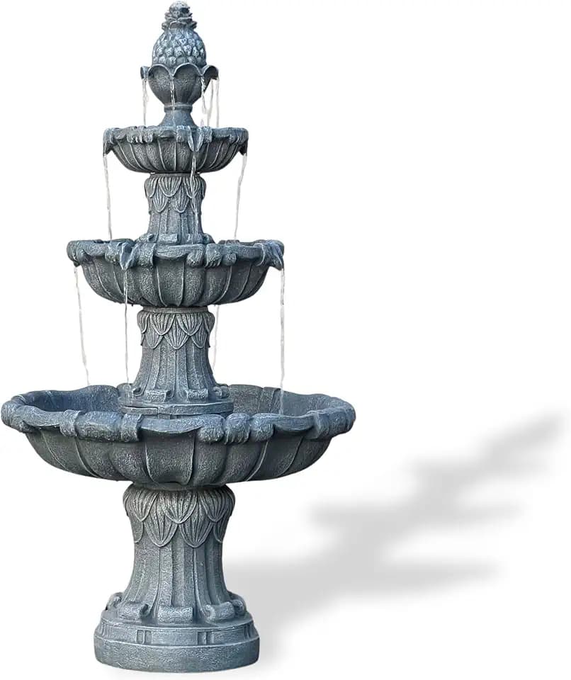 XBrand 58.3" 3-Tier Outdoor Freestanding Water Fountain - Classic Leaf Design, Light Gray Resin, Large Bird Bath with Pump - Ideal for Yard, Lawn and Garden, Porch Décor