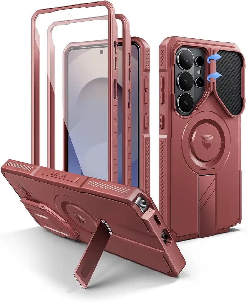 Dexnor for Samsung Galaxy S26 Ultra Case with Camera Cover & Adjustable Kickstand & Screen Protector, Compatible with MagSafe, Rugged Shockproof Bumper Cases Magnetic Protective Cover(2026),Maroon Red