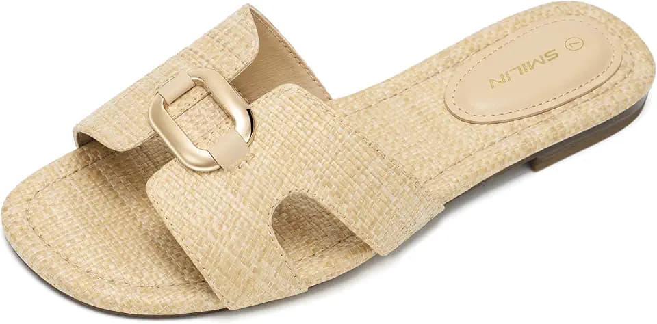 SMILIN Raffia Sandals Women, Woven Slides Flat Summer Vacation Beach Shoes